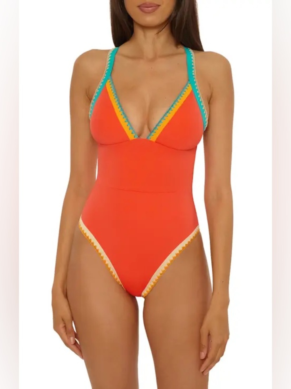 Lucky Brand Avila Embroidered Colorblock One Piece Swimsuit Size Large Orange